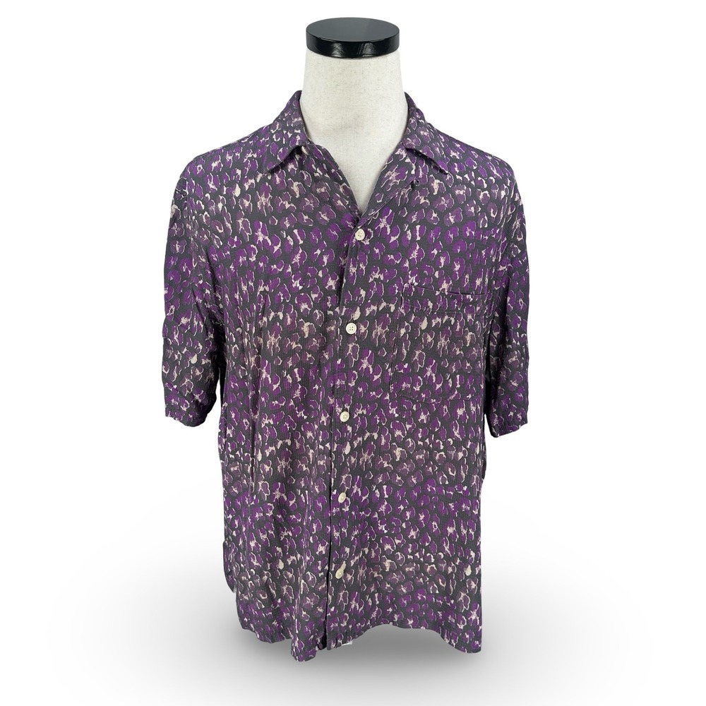 AllSaints Ikuma SS Shirt‎ XXL Purple Gray Abstract Leopard Relaxed Short Sleeve